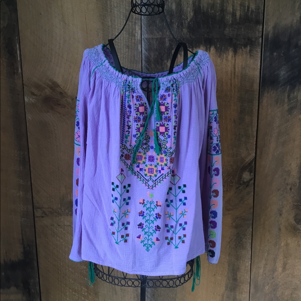 Purple Embroidered Peasant Top